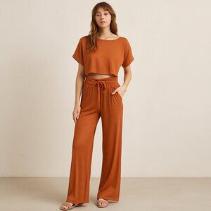 Sugarlips NEW Burnt Orange Ribbed Knit Wide Leg Lounge Pants Drawstring M L